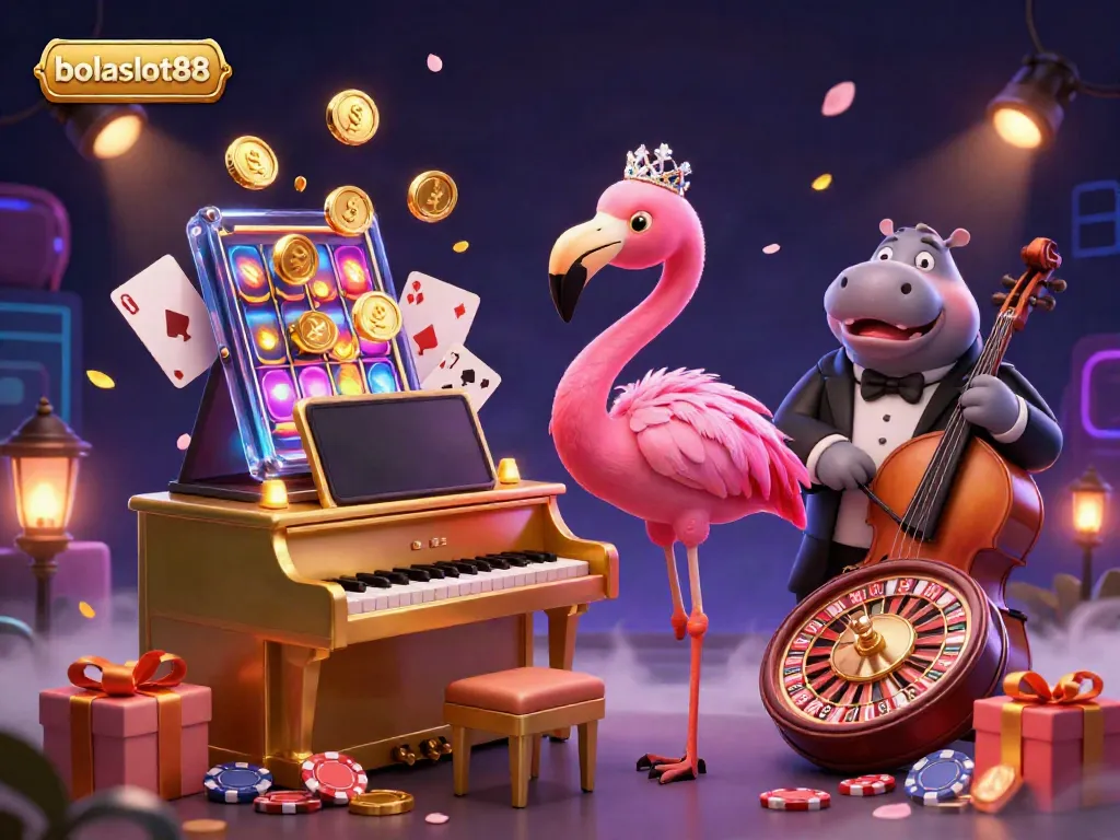 Bolaslot88 slots scene featuring a flamingo singer and a hippo bassist with vibrant gaming elements.