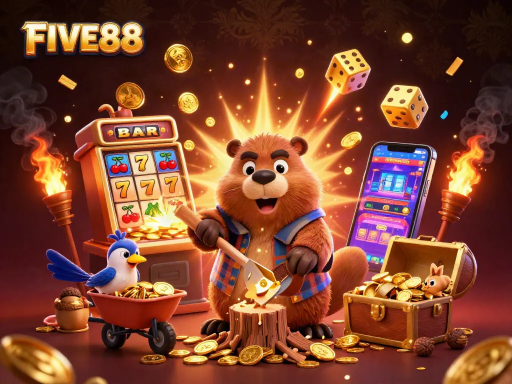 Engage with FIVE88's exciting casino experience featuring a cartoon lumberjack beaver and slot machine.