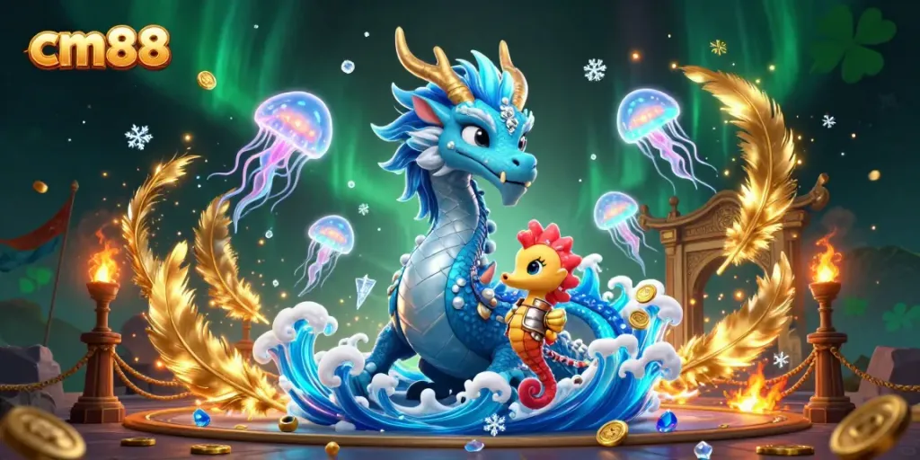 Experience thrilling adventures with cm88, featuring a vibrant sea dragon and heroic coral knight in a festive casino scene.