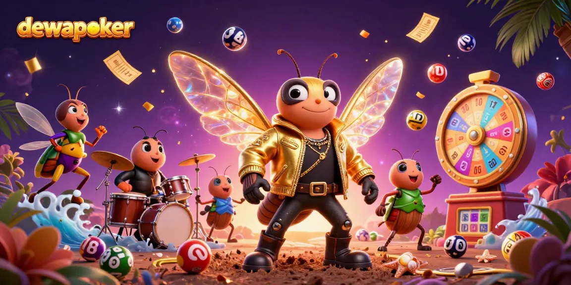 Dewapoker engages players with vibrant animations featuring a cicada rock star and exciting lottery elements.