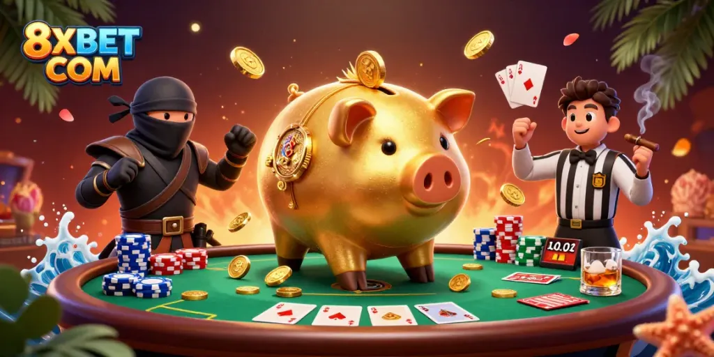 Exciting gaming scene at 8XBET COM with dynamic characters and poker elements.